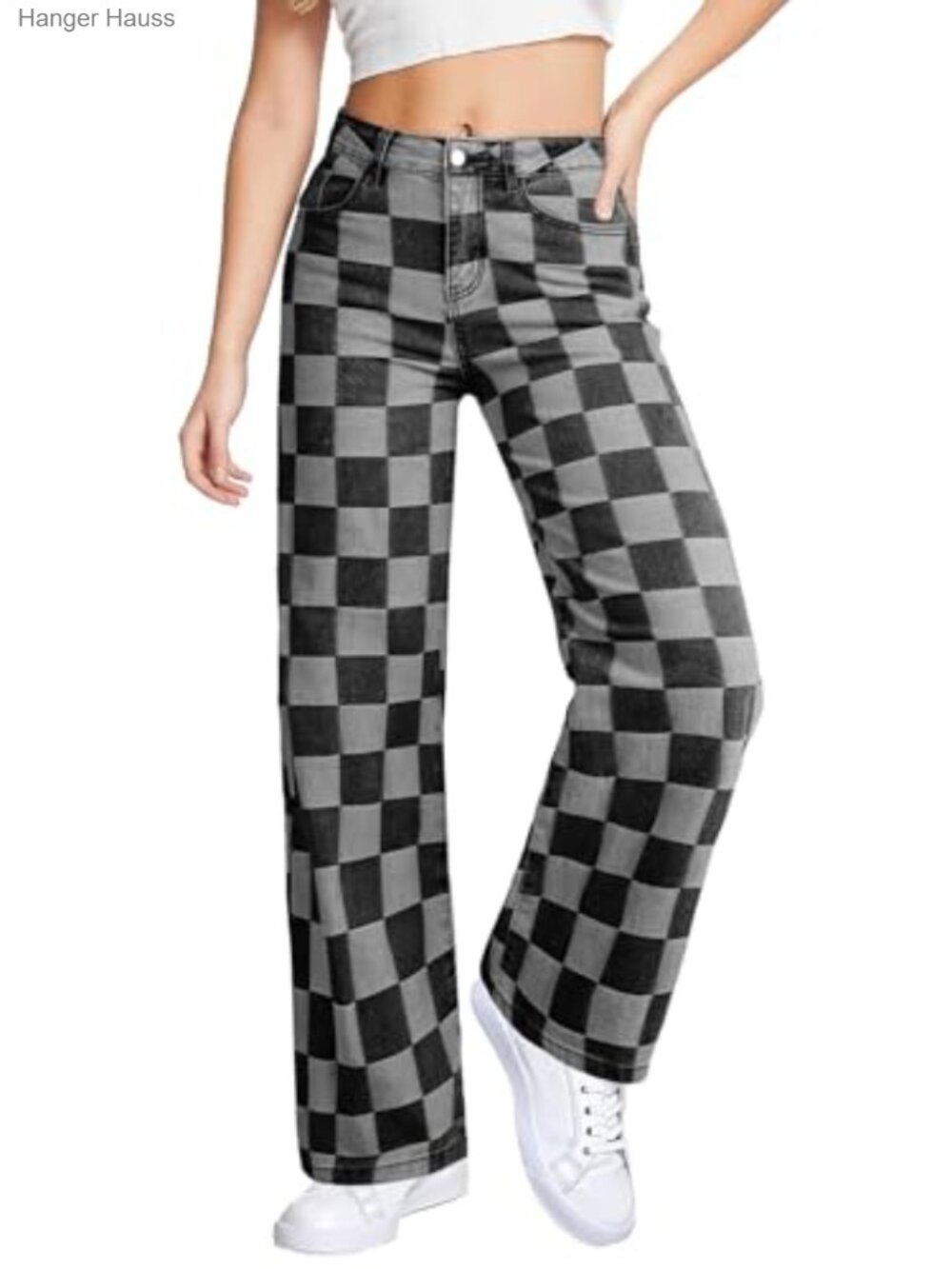 High Waisted Wide Leg Checkered Denim Jeans Stretch Straight Leg Pants - Picture 1 of 6